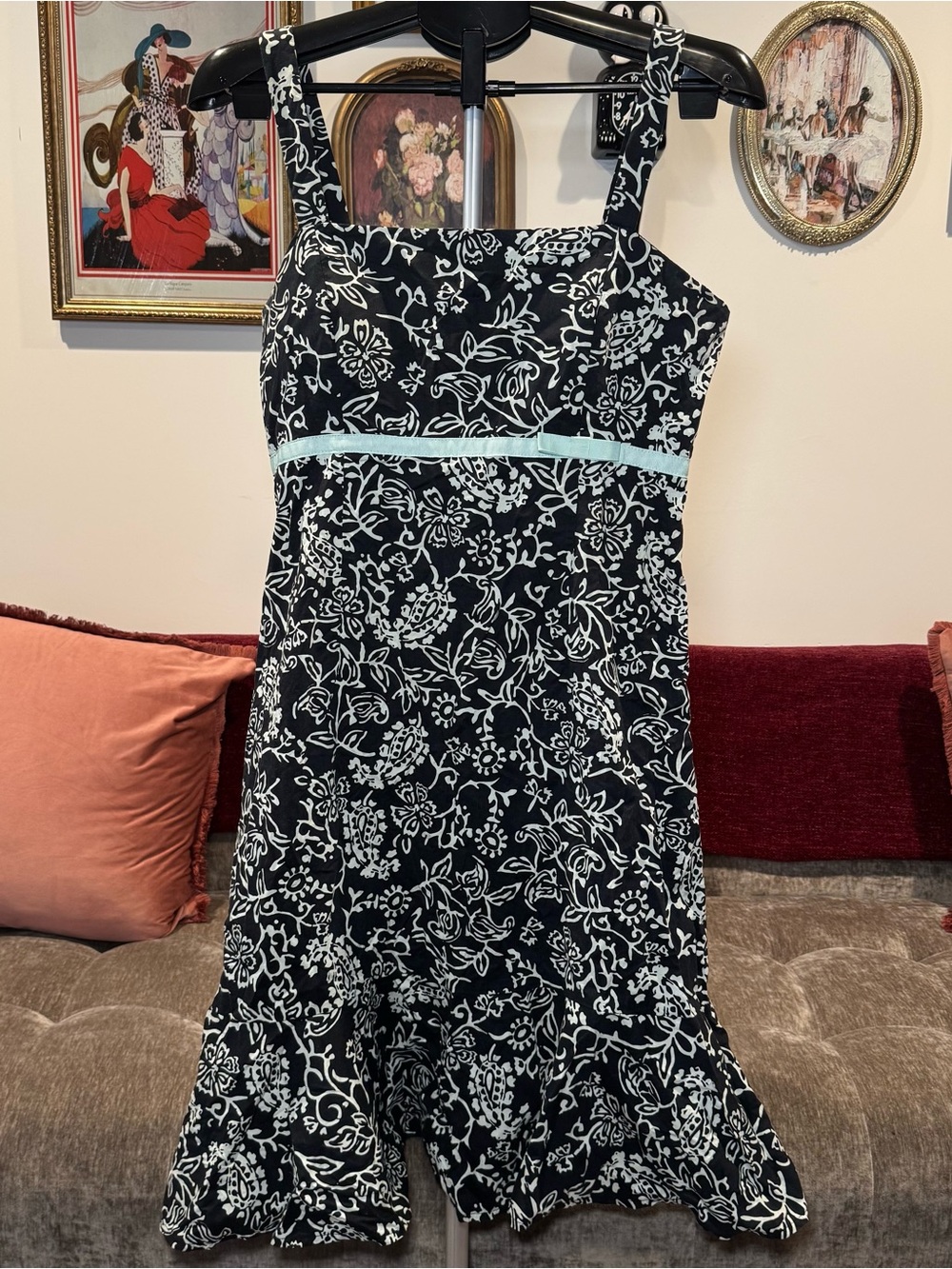 Black & Blue Y2K Floral Dress with Bow Detail